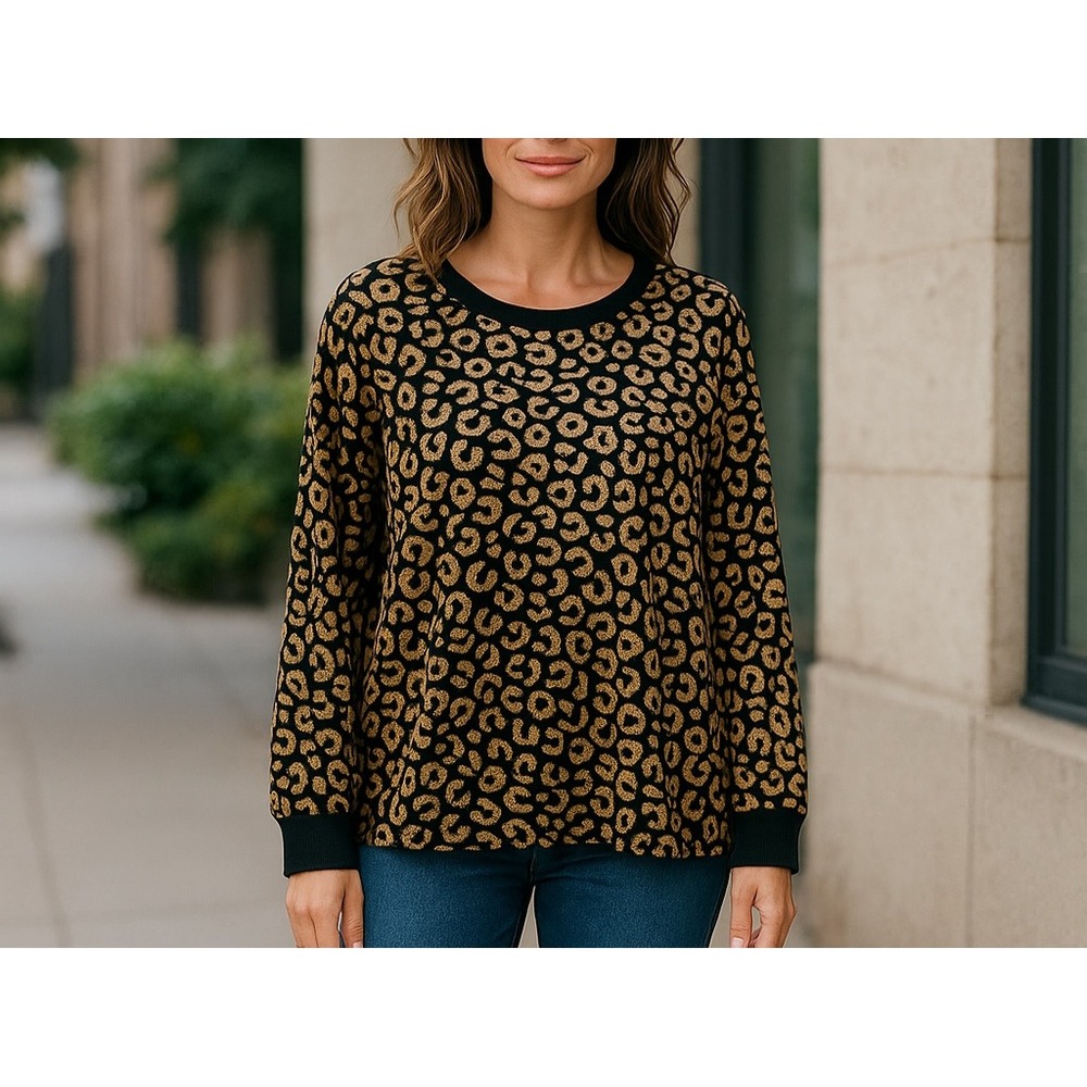 Kate Spade Womens Sz XL Leopard Animal Print Casual/Pajama Top Velour Black Tan